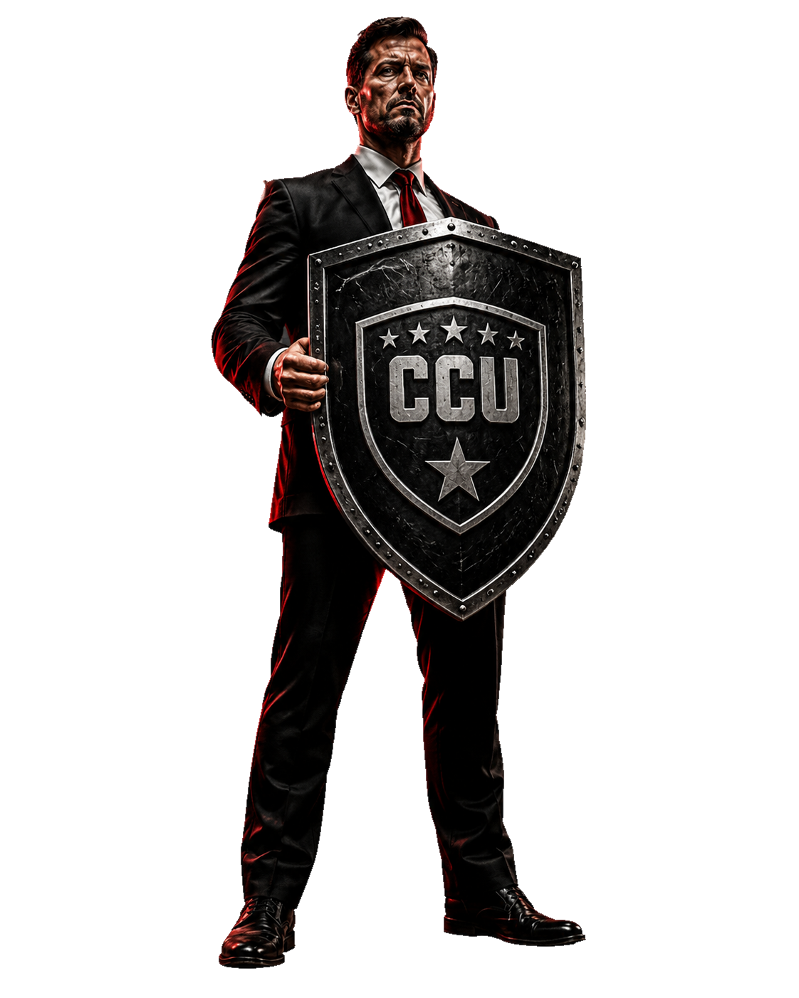 CCU legal defense figure holding a shield.