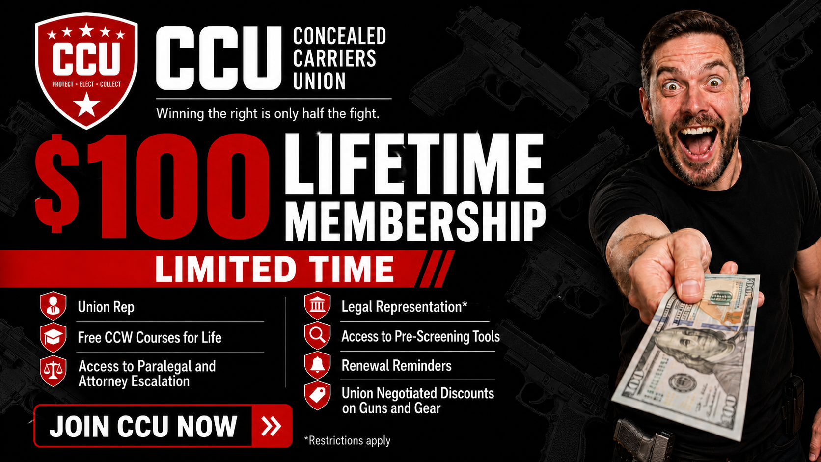 CCU $100 lifetime membership ad with CCU branding and a join now call to action.