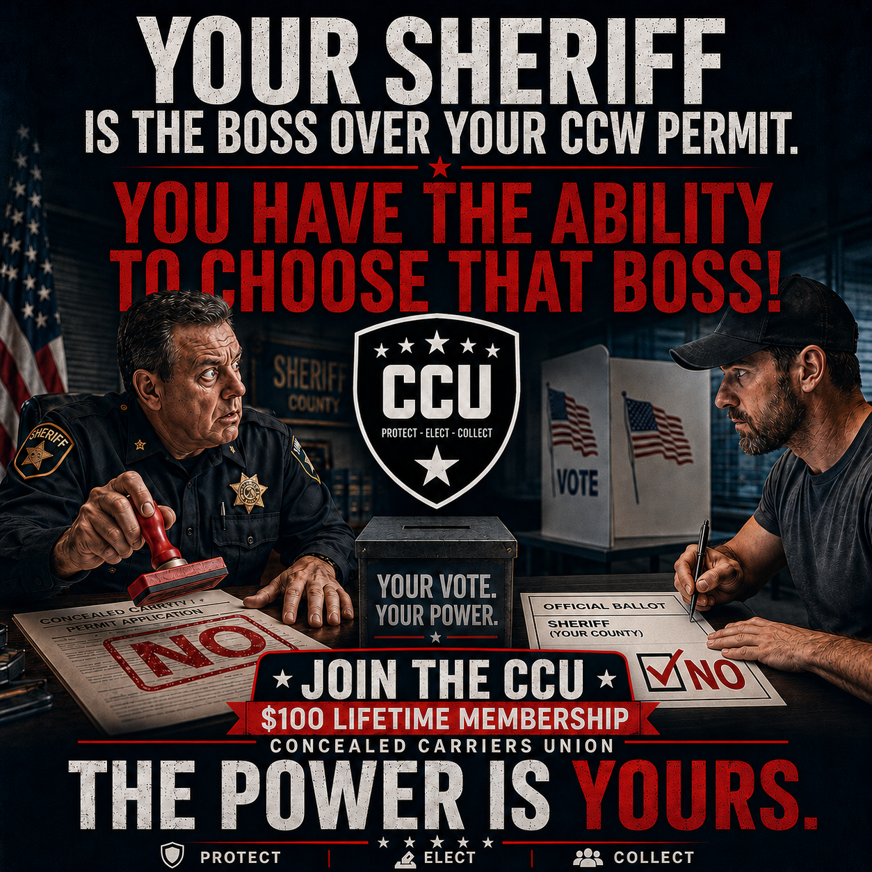 CCU graphic explaining that the sheriff controls CCW permits and concealed carriers can choose that boss through voting power.
