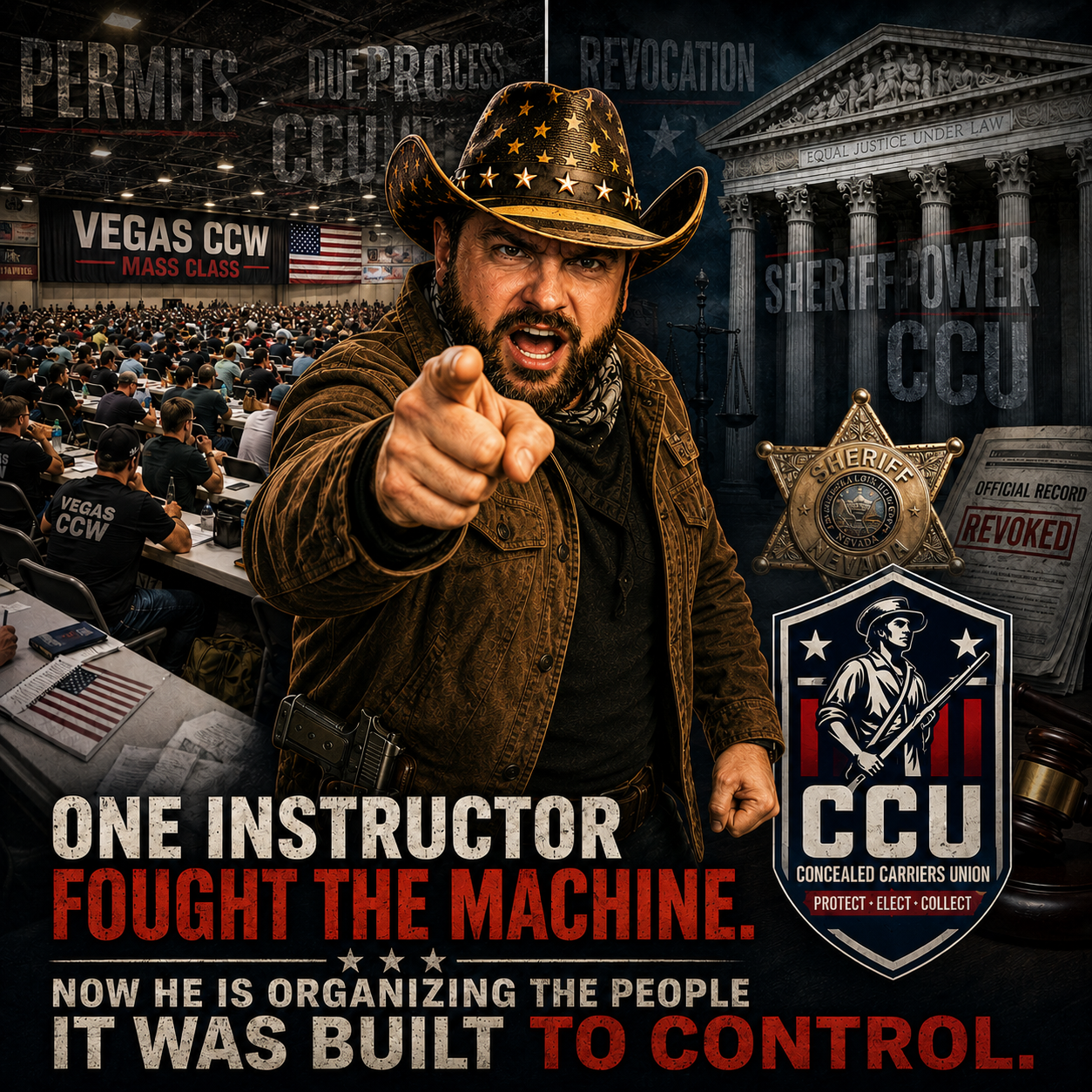 Graphic showing one CCW instructor fighting the administrative machine and organizing concealed carriers.